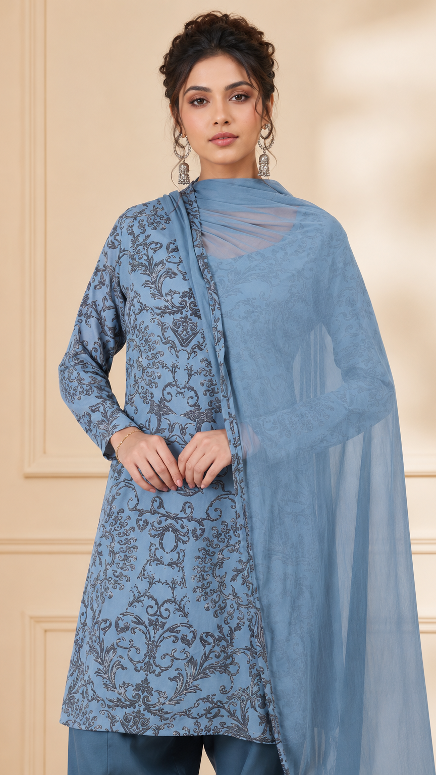 Dusty blue women’s printed salwar kameez suit with matching trousers and sheer chiffon dupatta, modest Asian ethnic wear by Diya Online
