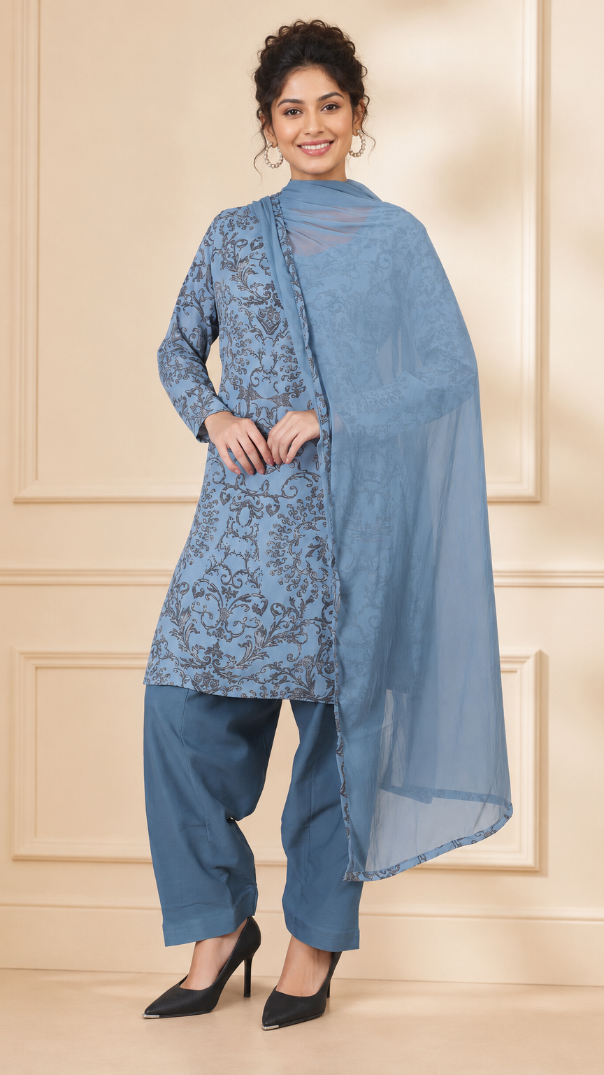 Dusty blue women’s printed salwar kameez suit with matching trousers and sheer chiffon dupatta, modest Asian ethnic wear by Diya Online