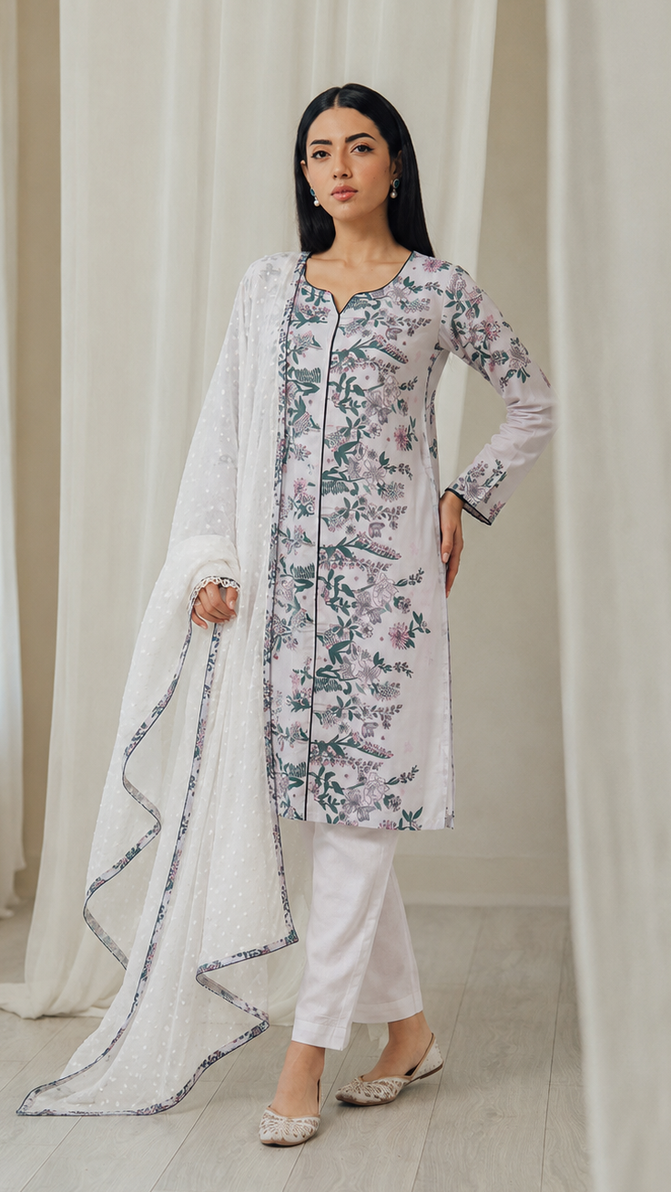 White women’s floral printed salwar kameez suit with matching trousers and white dupatta, elegant Asian ethnic wear by Diya Online