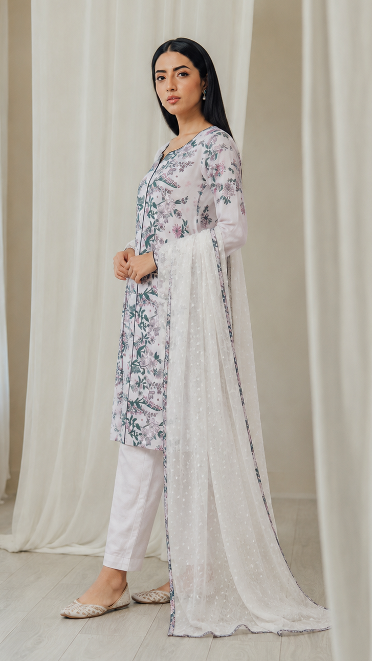 White women’s floral printed salwar kameez suit with matching trousers and white dupatta, elegant Asian ethnic wear by Diya Online