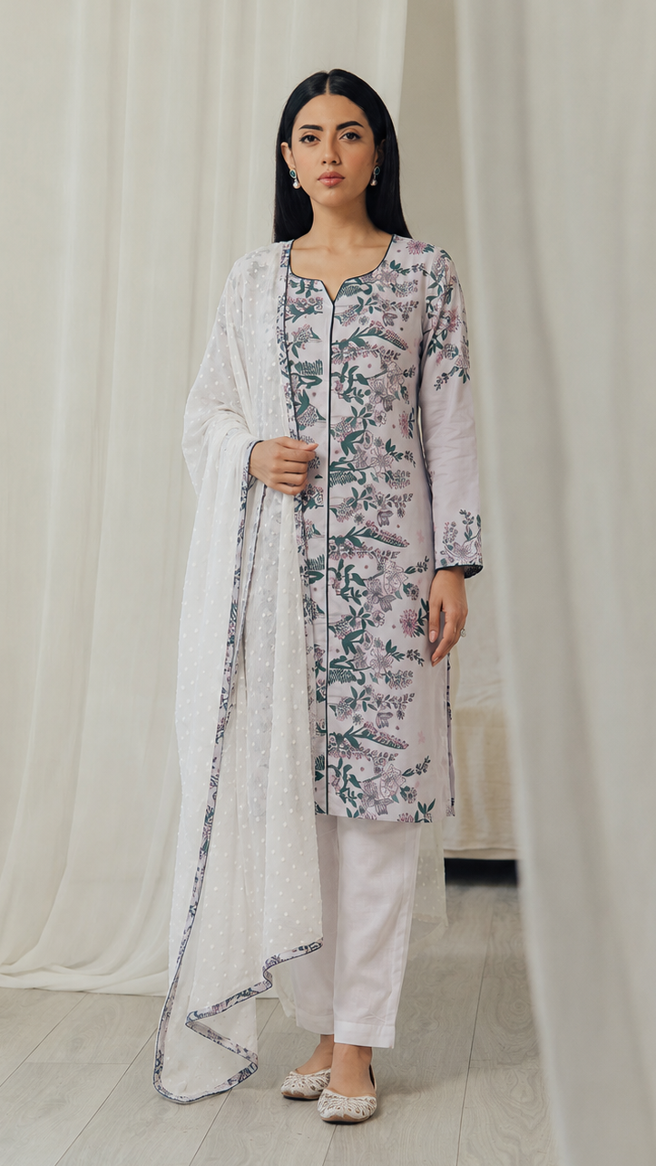 White women’s floral printed salwar kameez suit with matching trousers and white dupatta, elegant Asian ethnic wear by Diya Online