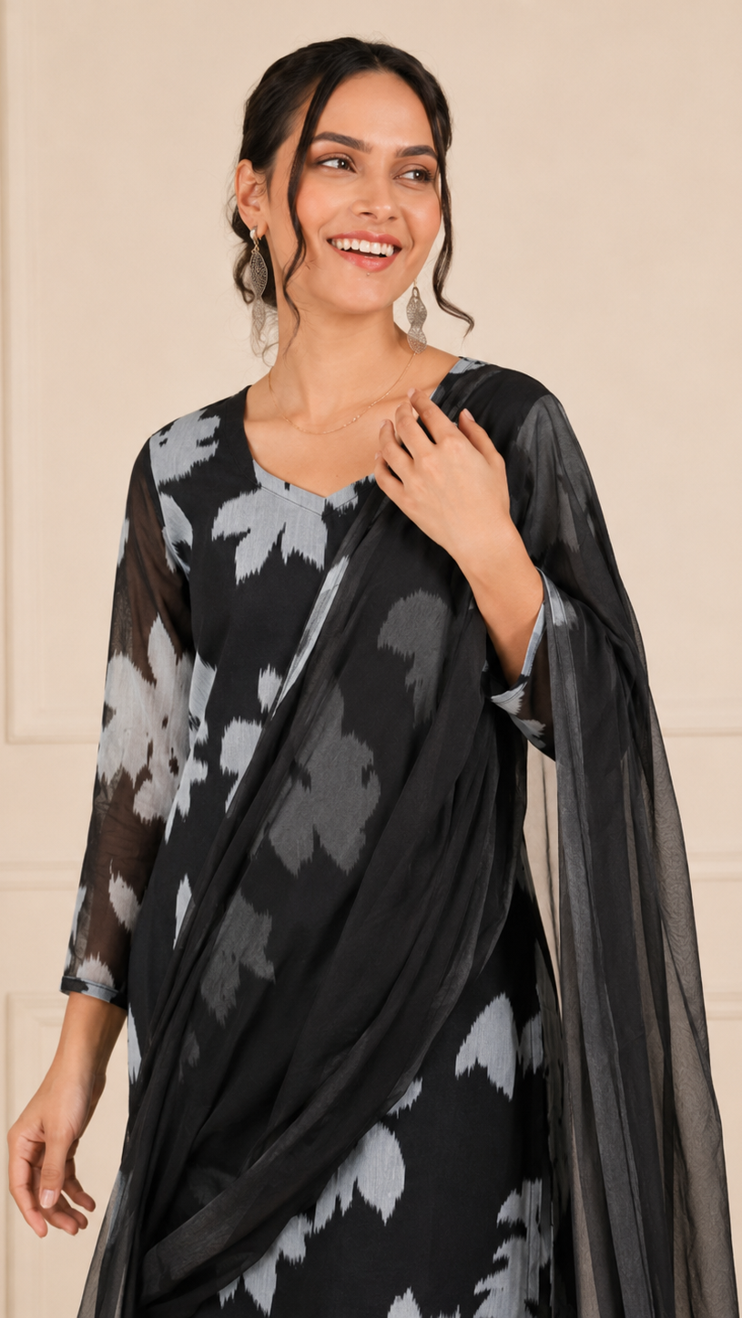 Black and light blue women’s printed salwar kameez suit with matching trousers and sheer black dupatta, modest Asian ethnic wear by Diya Online