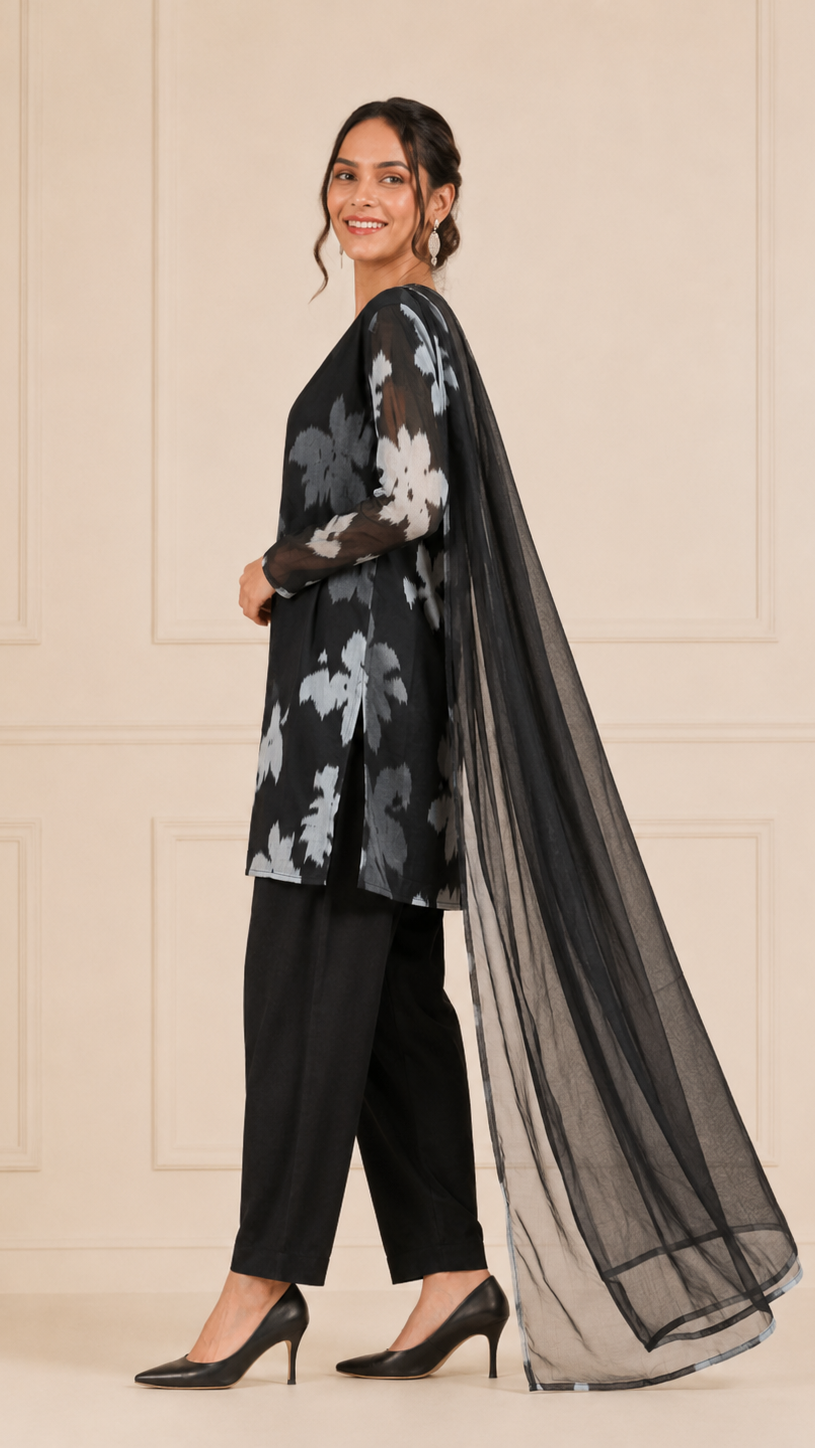 Black and light blue women’s printed salwar kameez suit with matching trousers and sheer black dupatta, modest Asian ethnic wear by Diya Online