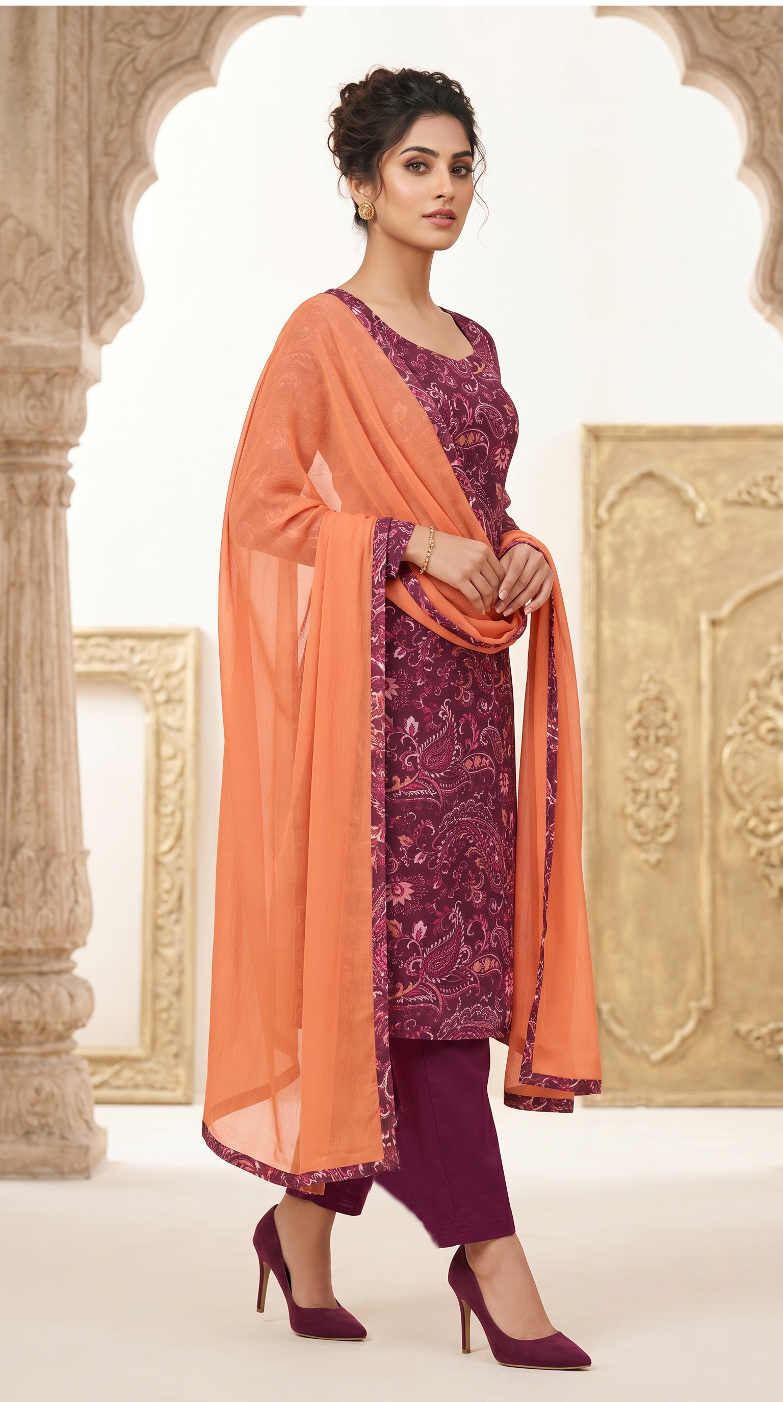 Wine Georgette Sweetheart NecklineSuit Set