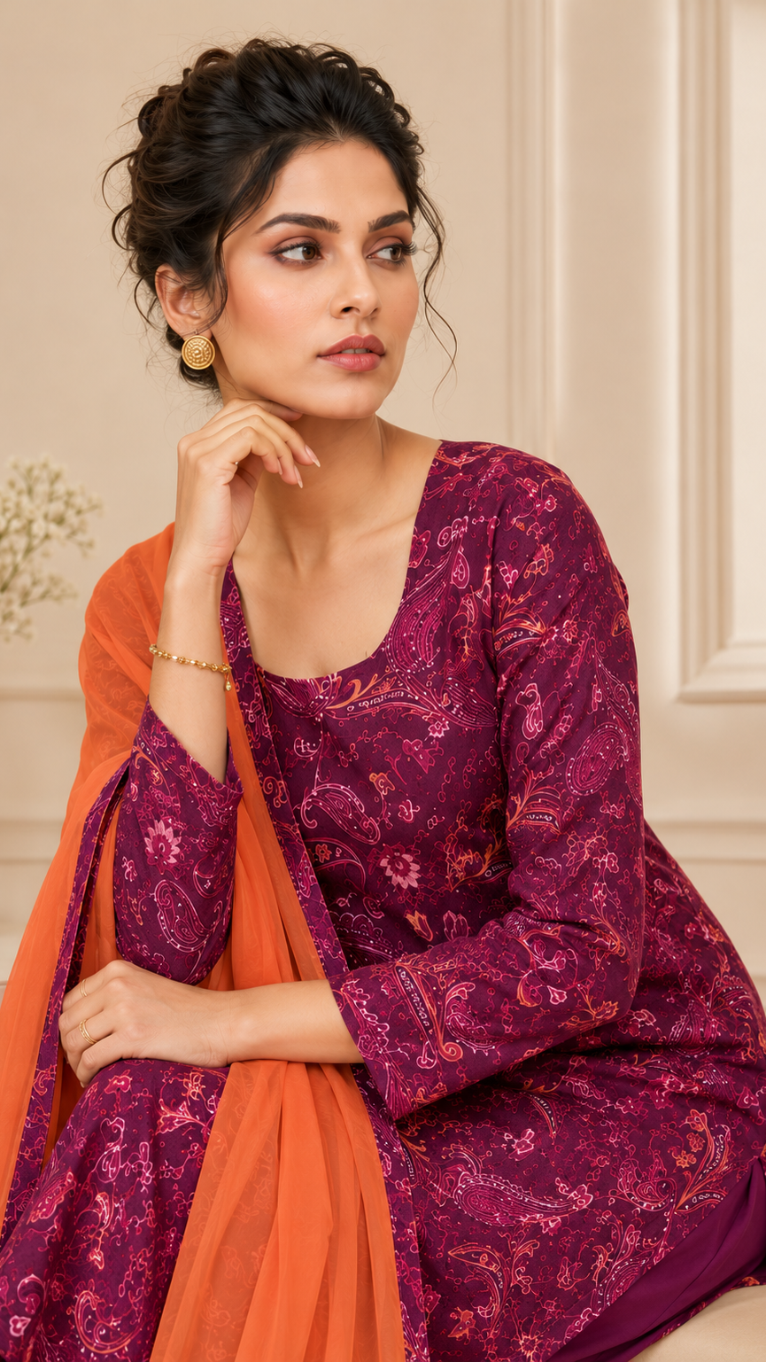 Discover elegant ethnic fashion at Diya Online with this wine paisley printed salwar kameez, matching trousers, and flowing orange chiffon dupatta.