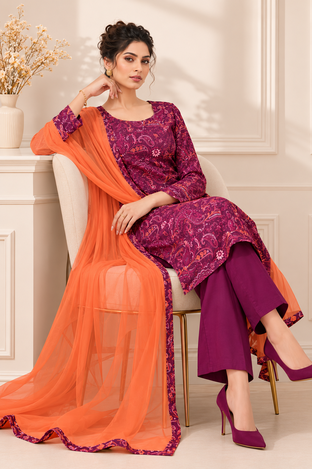 Discover elegant ethnic fashion at Diya Online with this wine paisley printed salwar kameez, matching trousers, and flowing orange chiffon dupatta.