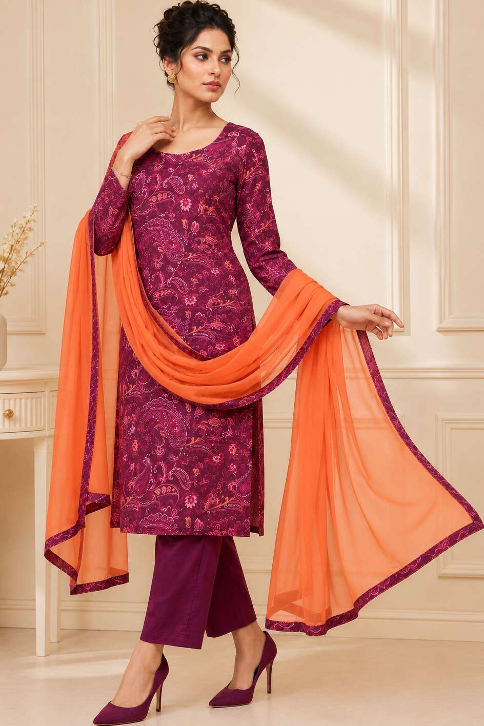 Discover elegant ethnic fashion at Diya Online with this wine paisley printed salwar kameez, matching trousers, and flowing orange chiffon dupatta.