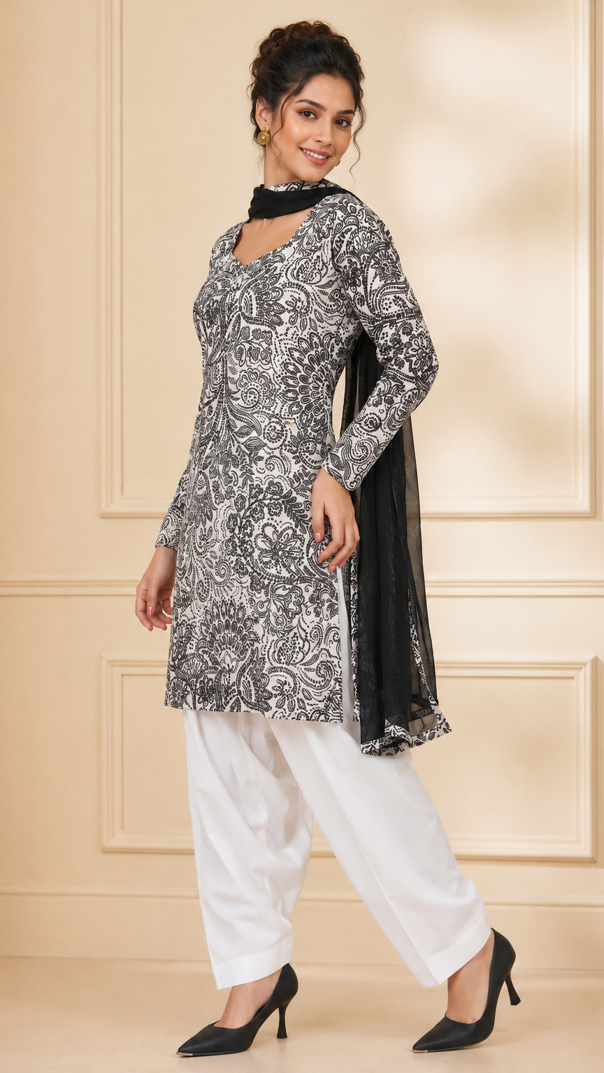 Black and white paisley printed salwar kameez suit with white trousers and black dupatta, modest Asian wear by Diya Online