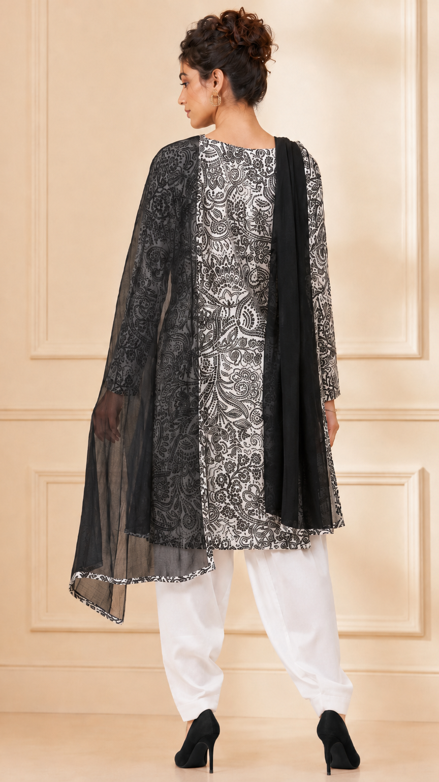 Black and white paisley printed salwar kameez suit with white trousers and black dupatta, modest Asian wear by Diya Online
