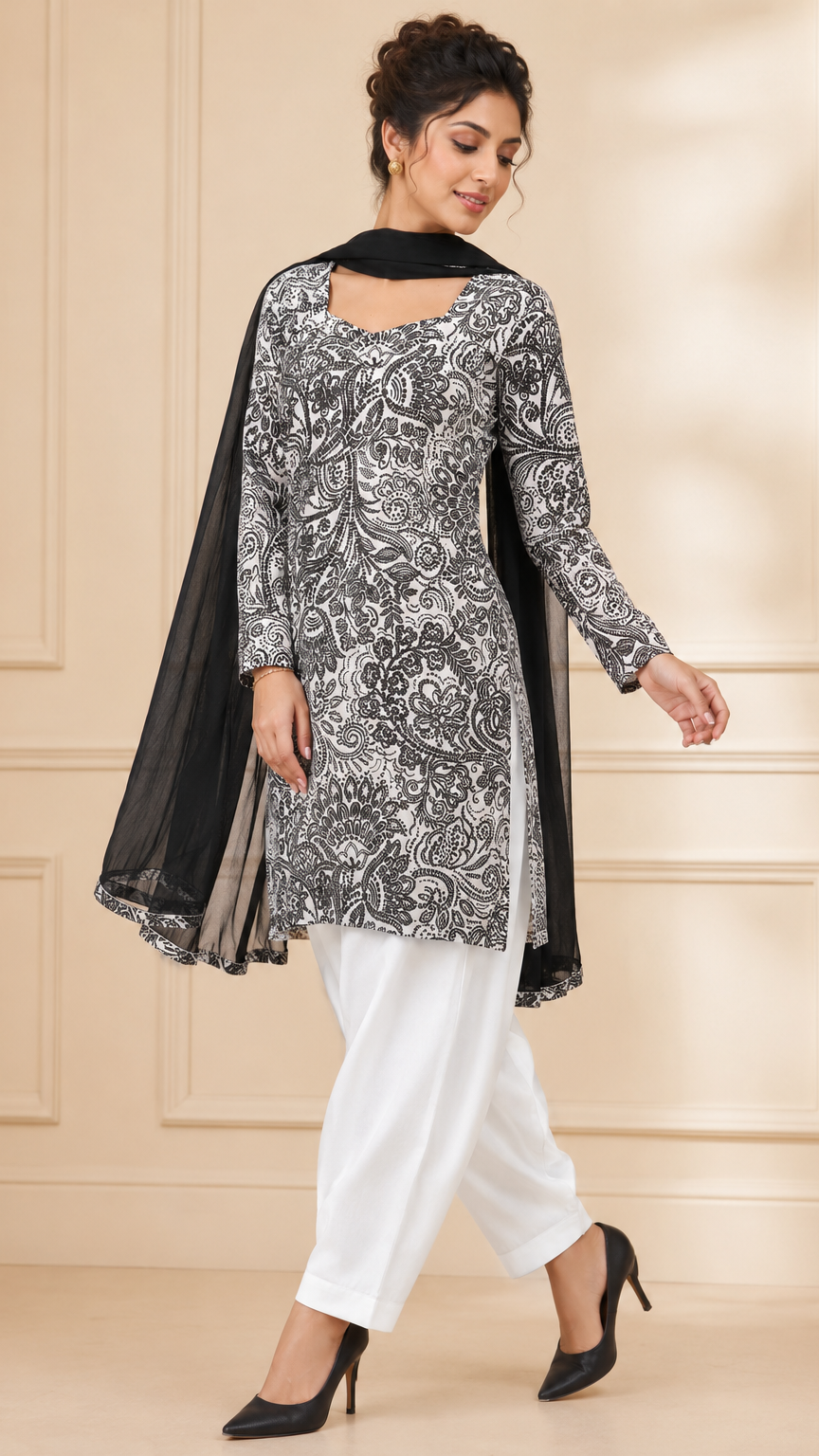 Black and white paisley printed salwar kameez suit with white trousers and black dupatta, modest Asian wear by Diya Online