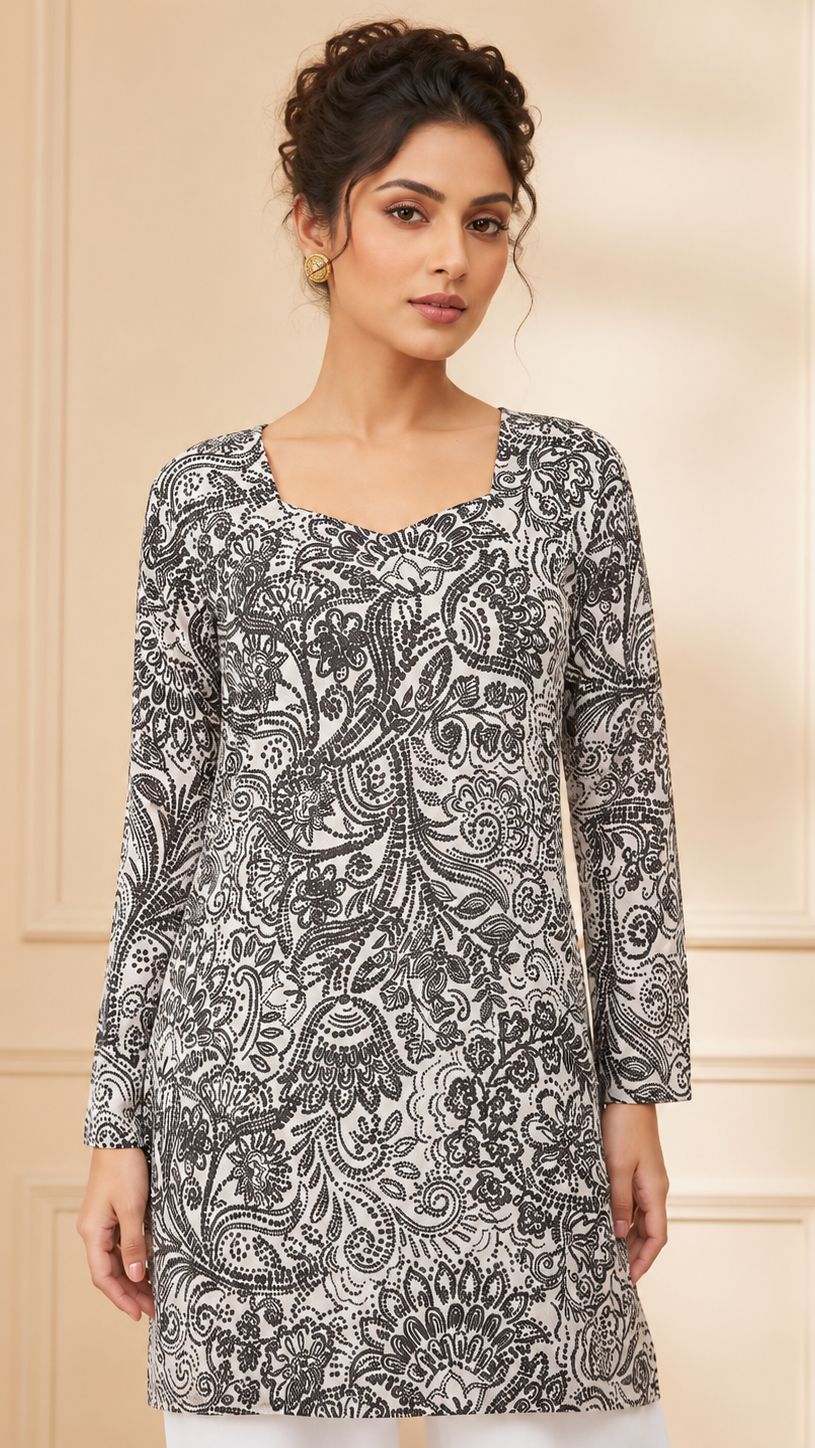 Black and white paisley printed salwar kameez suit with white trousers and black dupatta, modest Asian wear by Diya Online