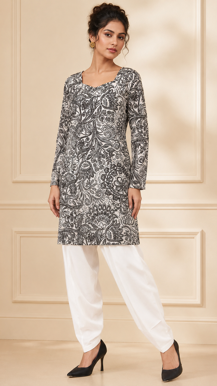 Black and white paisley printed salwar kameez suit with white trousers and black dupatta, modest Asian wear by Diya Online