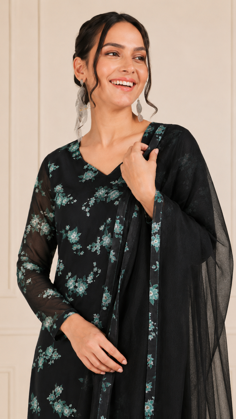 Black women’s floral salwar kameez suit with matching trousers and sheer black dupatta, modest Asian ethnic wear by Diya Online