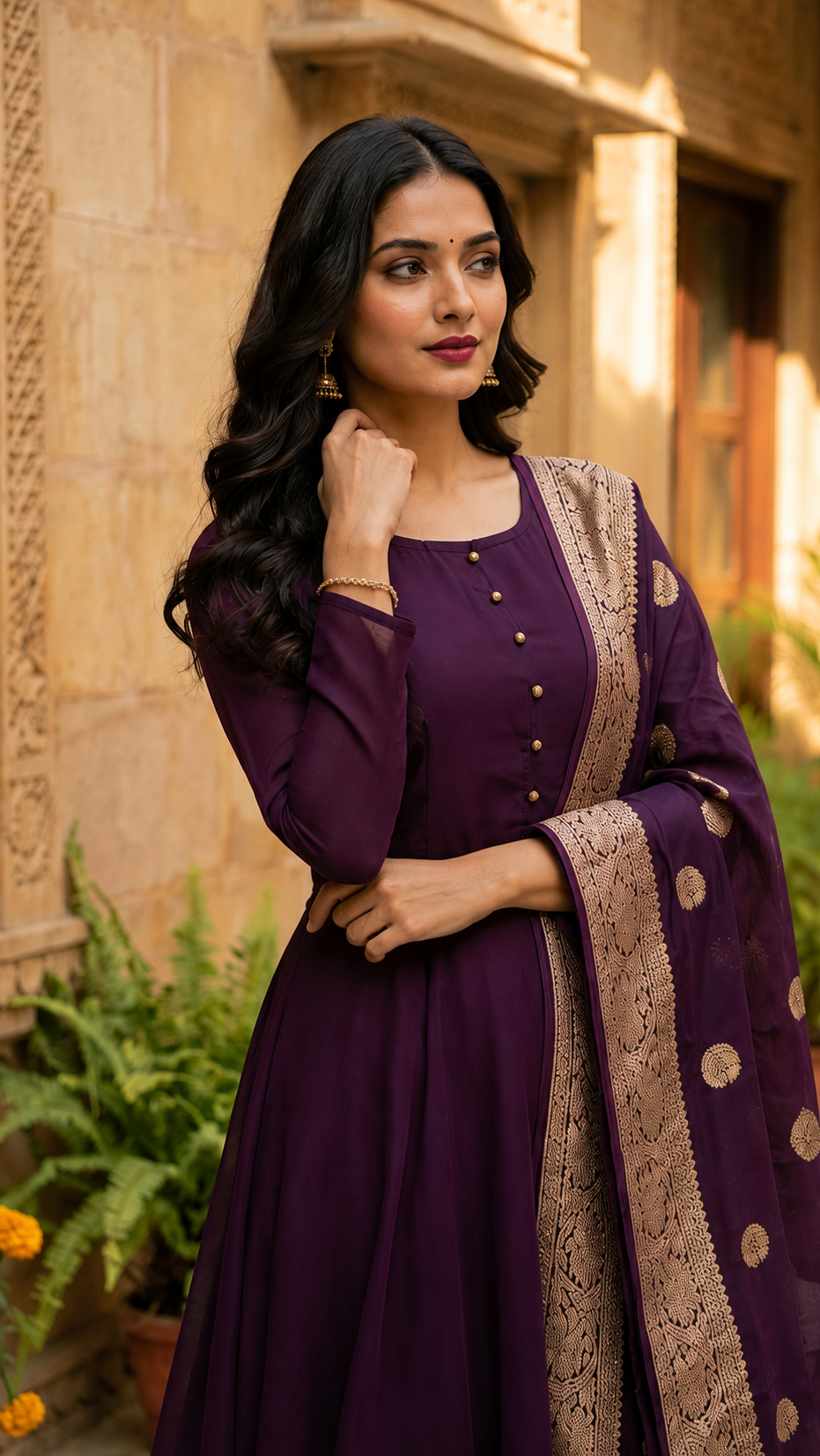 Diya Online designer purple Anarkali dress for women with gold border dupatta, premium Indian ethnic wear, wedding guest outfit, festive party wear, and traditional celebration attire.