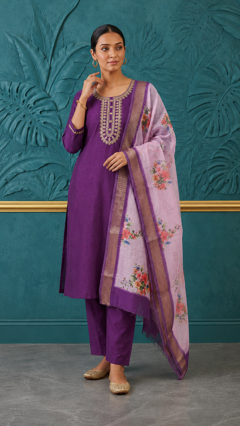 Purple women’s embroidered salwar kameez suit with matching trousers and pink floral dupatta, elegant Asian ethnic wear by Diya Online
