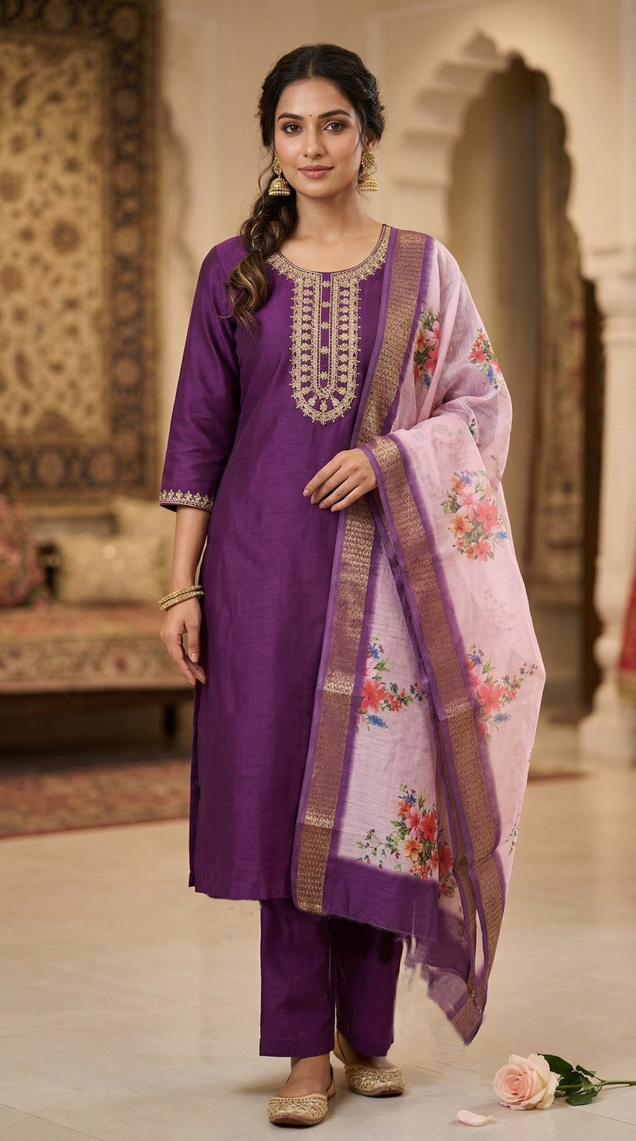 Purple Rayon Zari Embroidered Suit Set with Printed Chiffon Dupatta