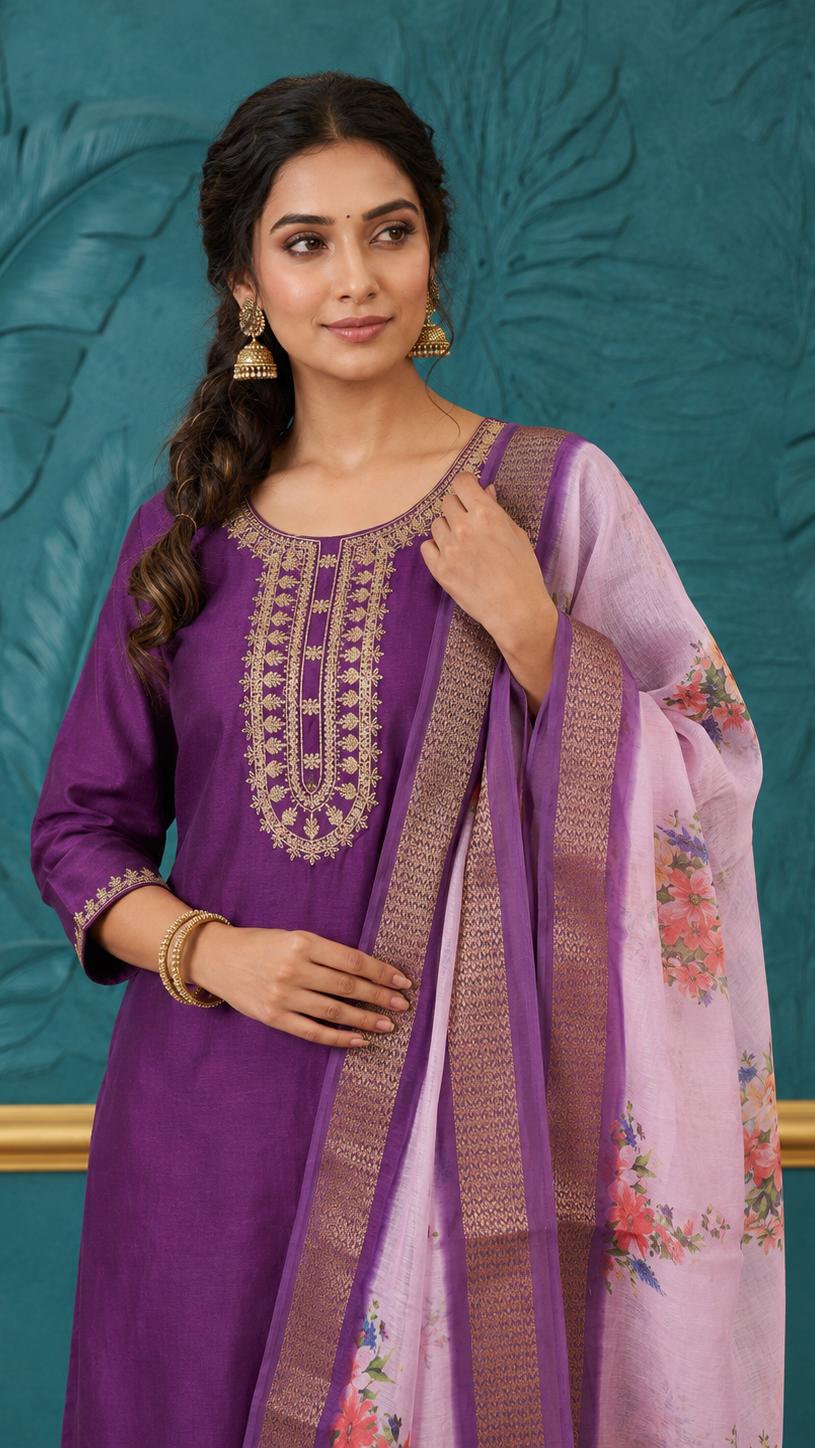 Purple women’s embroidered salwar kameez suit with matching trousers and pink floral dupatta, elegant Asian ethnic wear by Diya Online