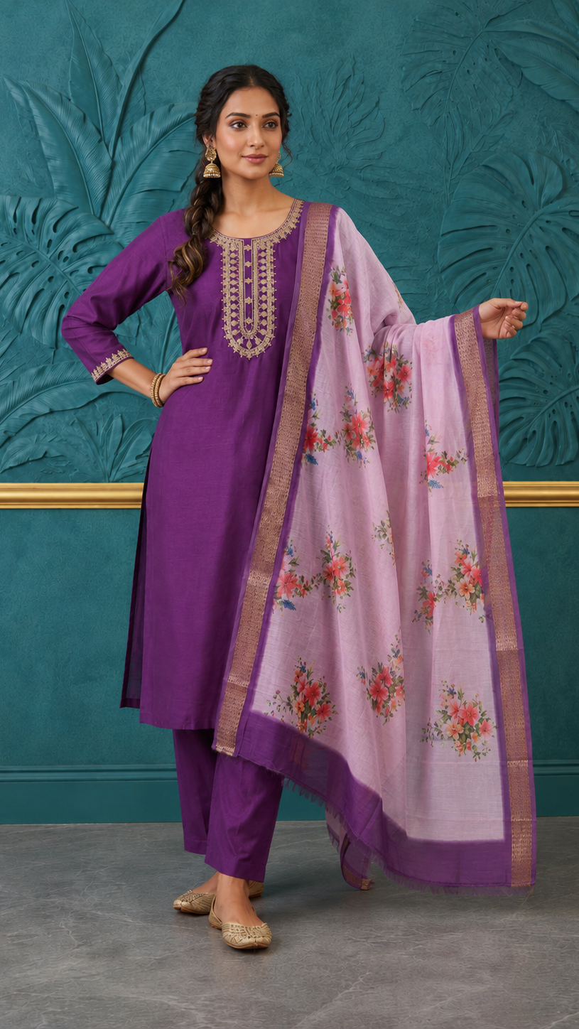 Purple women’s embroidered salwar kameez suit with matching trousers and pink floral dupatta, elegant Asian ethnic wear by Diya Online