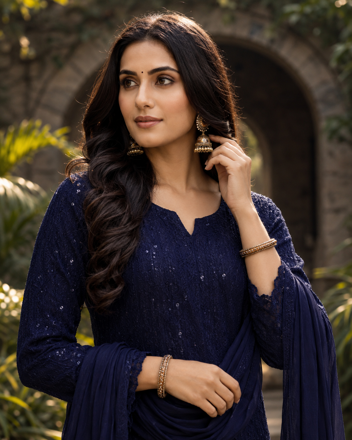 Navy blue women’s embroidered salwar kameez suit with matching salwar trousers and chiffon dupatta, elegant Asian ethnic wear by Diya Online