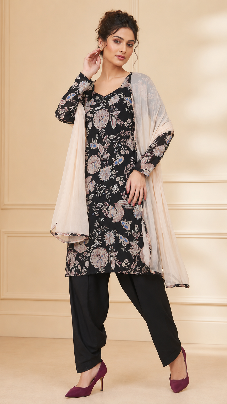 Black women’s floral salwar kameez suit with matching trousers and cream chiffon dupatta, modest Asian ethnic wear by Diya Online