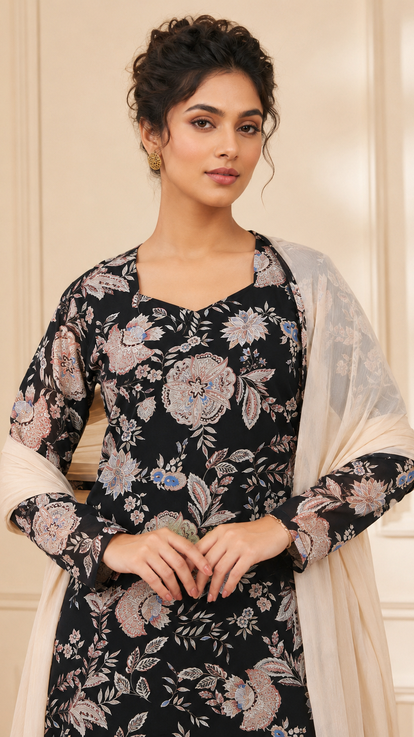 Black women’s floral salwar kameez suit with matching trousers and cream chiffon dupatta, modest Asian ethnic wear by Diya Online