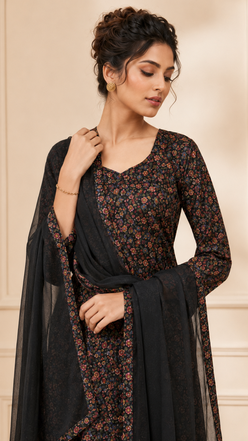 Black women’s floral salwar kameez suit with matching trousers and sheer black dupatta, modest Asian ethnic wear by Diya Online