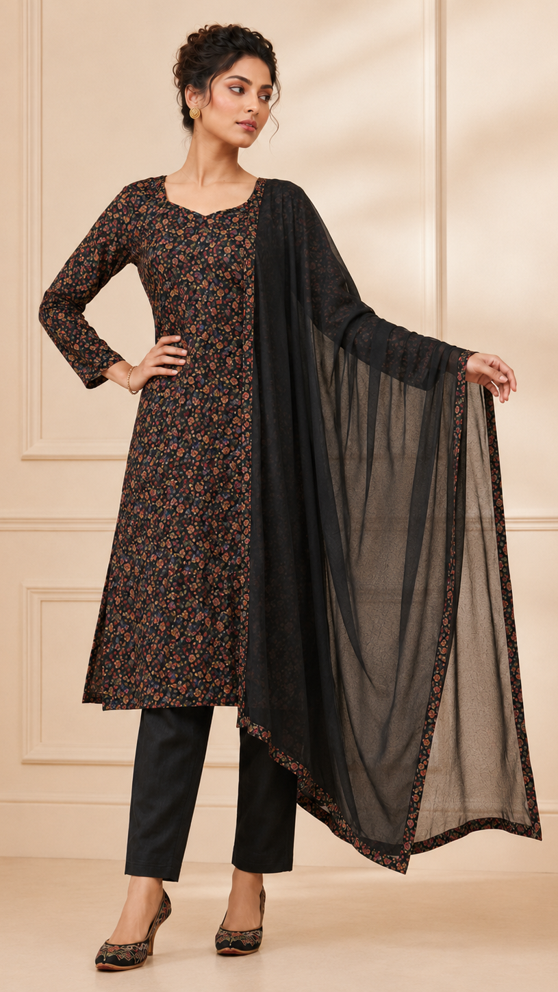 Black women’s floral salwar kameez suit with matching trousers and sheer black dupatta, modest Asian ethnic wear by Diya Online