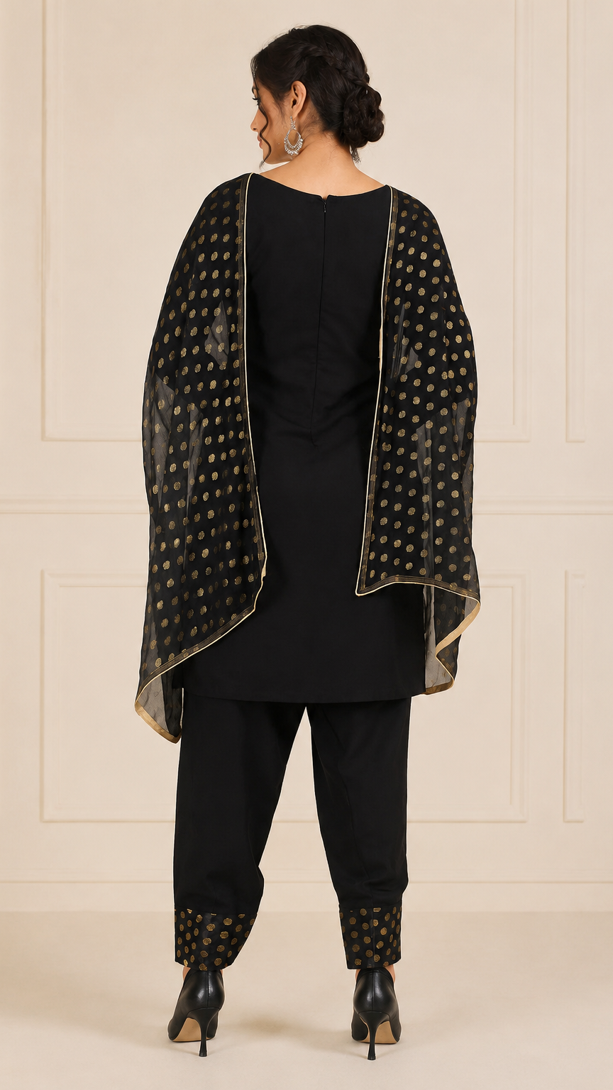 Black women’s salwar kameez suit with matching trousers and gold polka dot chiffon dupatta, modest Asian wear by Diya Online