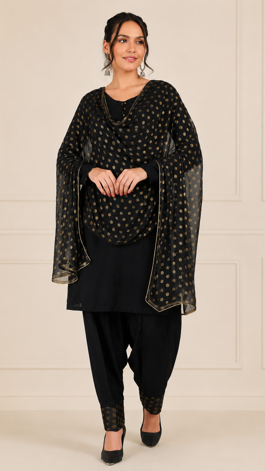 Black women’s salwar kameez suit with matching trousers and gold polka dot chiffon dupatta, modest Asian wear by Diya Online
