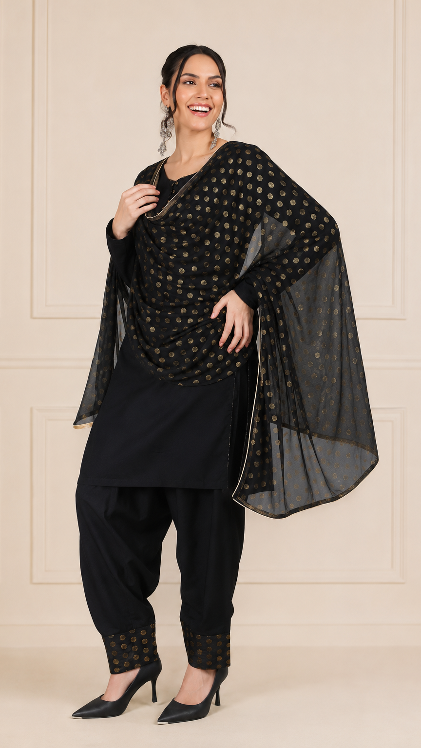 Black women’s salwar kameez suit with matching trousers and gold polka dot chiffon dupatta, modest Asian wear by Diya Online