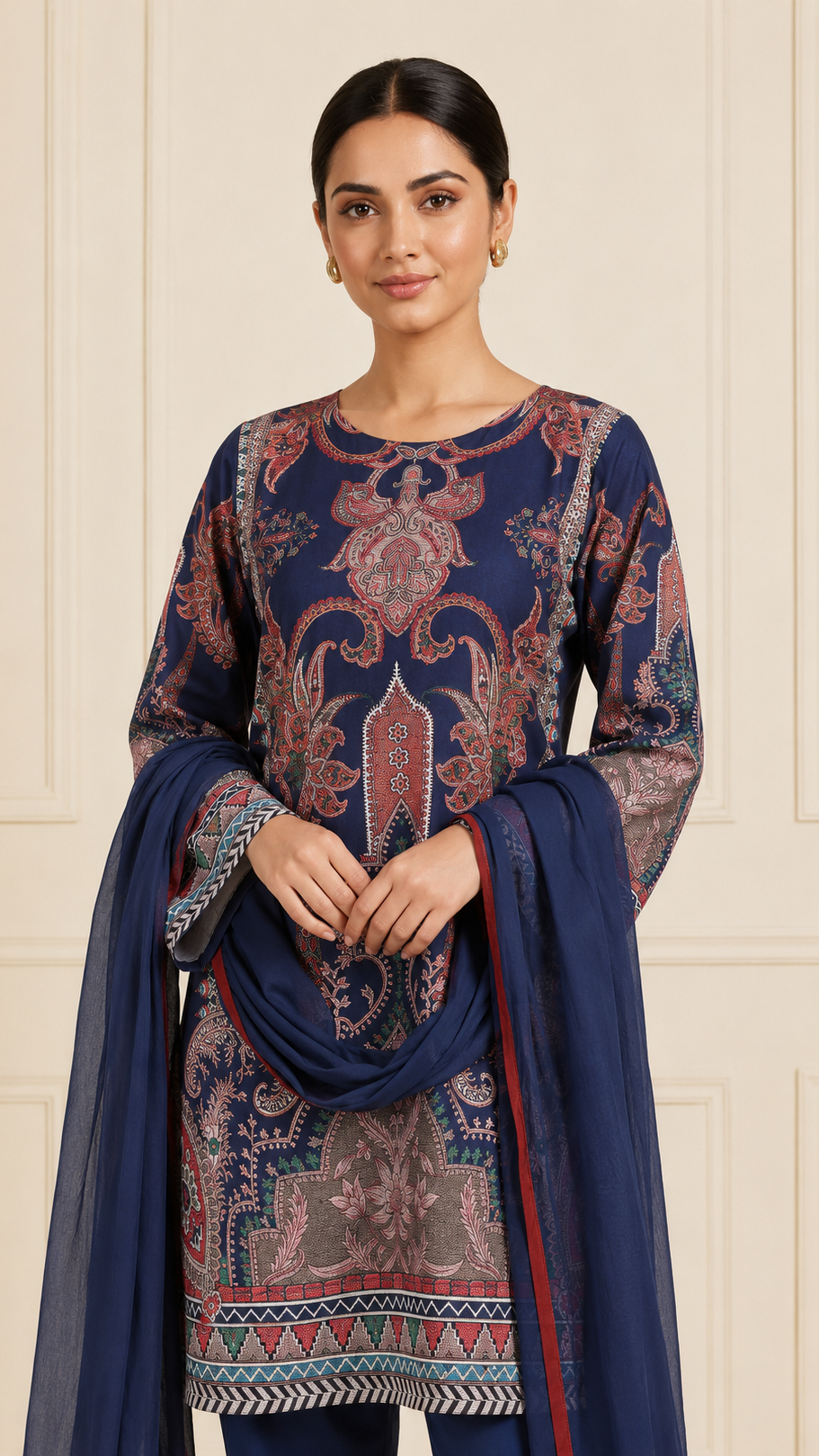 Navy blue women’s paisley printed salwar kameez suit with matching trousers and sheer dupatta, modest Asian ethnic wear by Diya Online