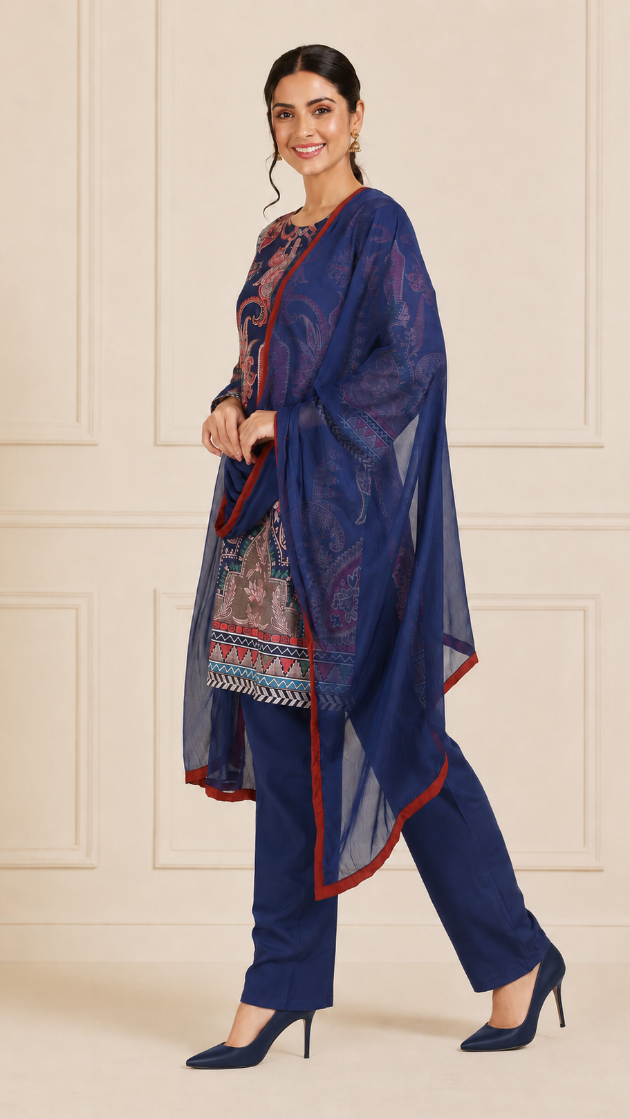 Navy blue women’s paisley printed salwar kameez suit with matching trousers and sheer dupatta, modest Asian ethnic wear by Diya Online