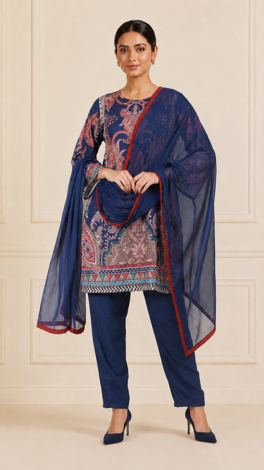 Navy blue women’s paisley printed salwar kameez suit with matching trousers and sheer dupatta, modest Asian ethnic wear by Diya Online