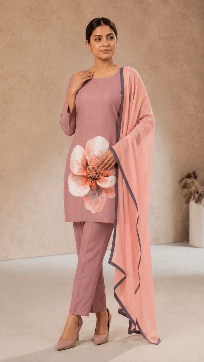 Buy heavy dusty pink floral kurta trouser set with contrast dupatta online at Diya Online