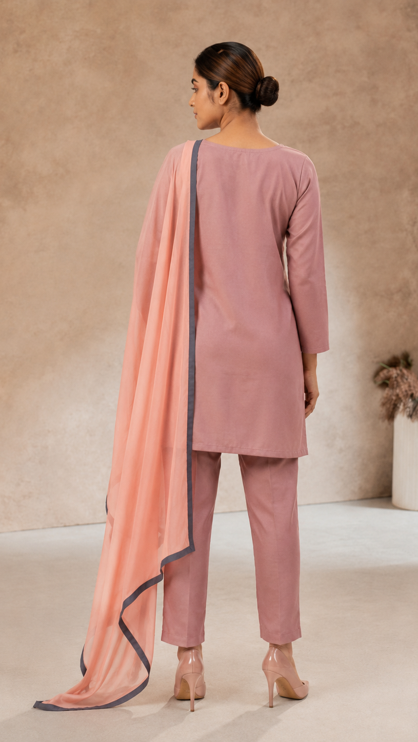 Buy heavy dusty pink floral kurta trouser set with contrast dupatta online at Diya Online