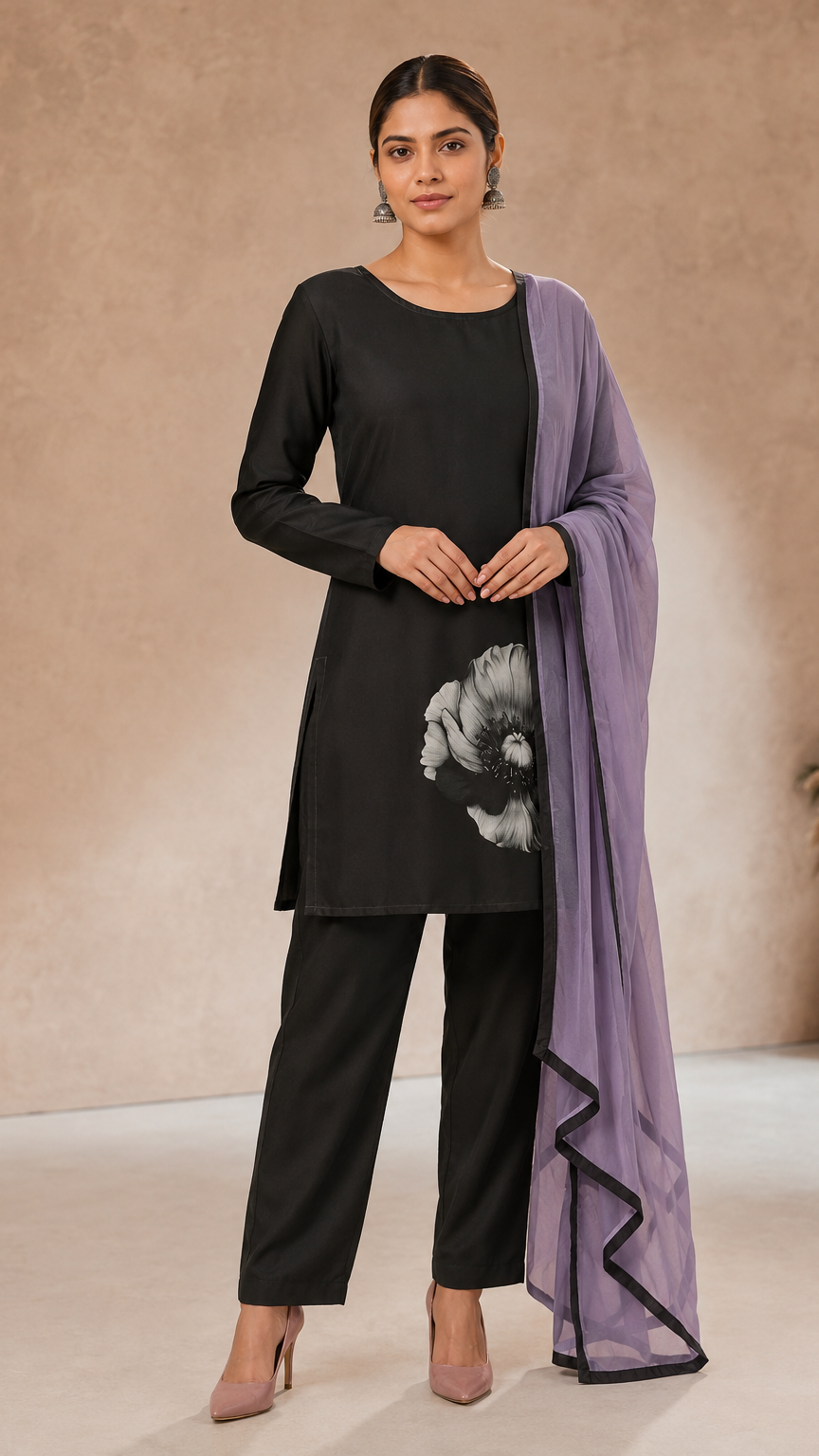 Black salwar kameez with grey floral print and lilac dupatta – Diya Online