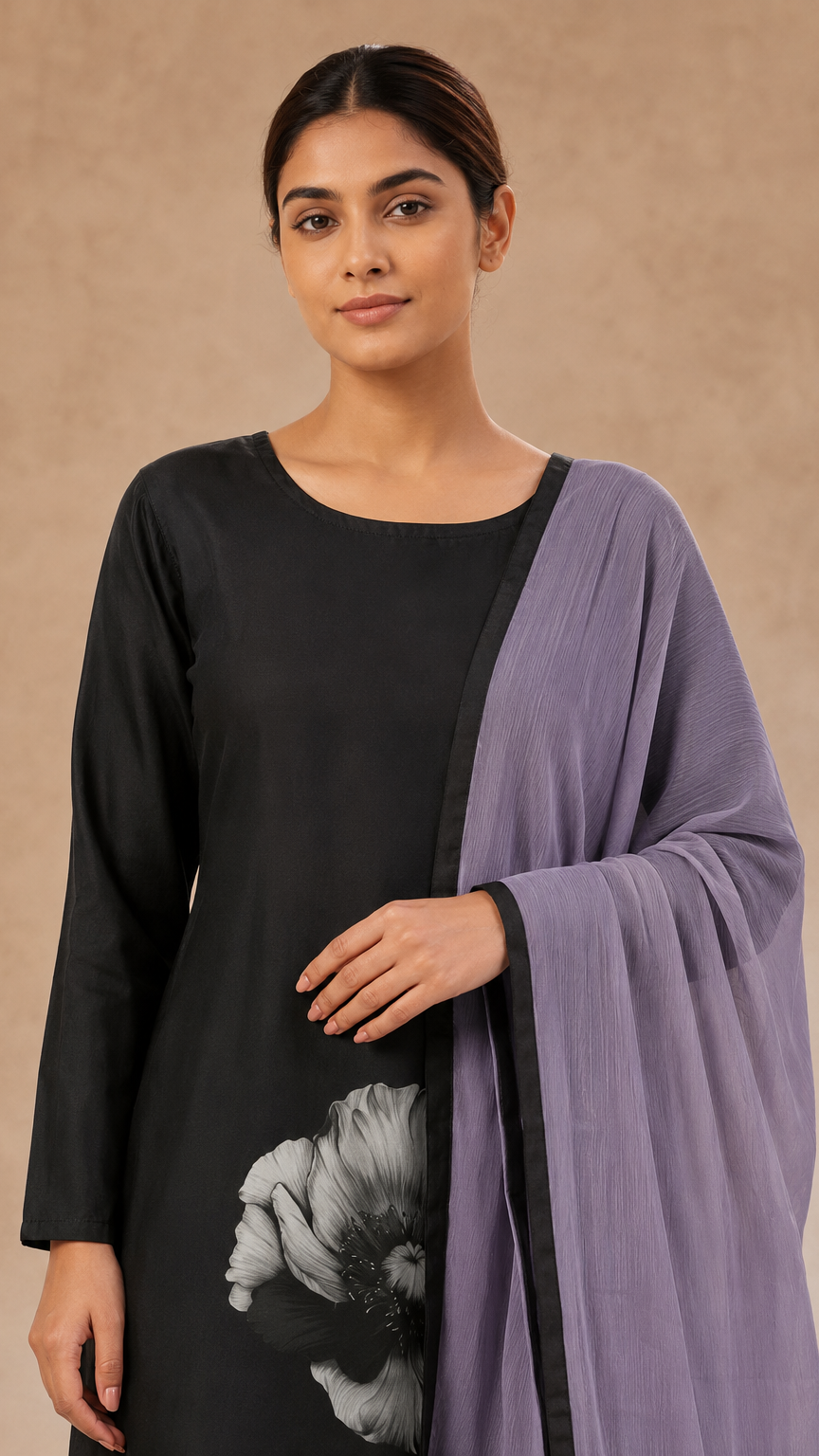 Black salwar kameez with grey floral print and lilac dupatta – Diya Online