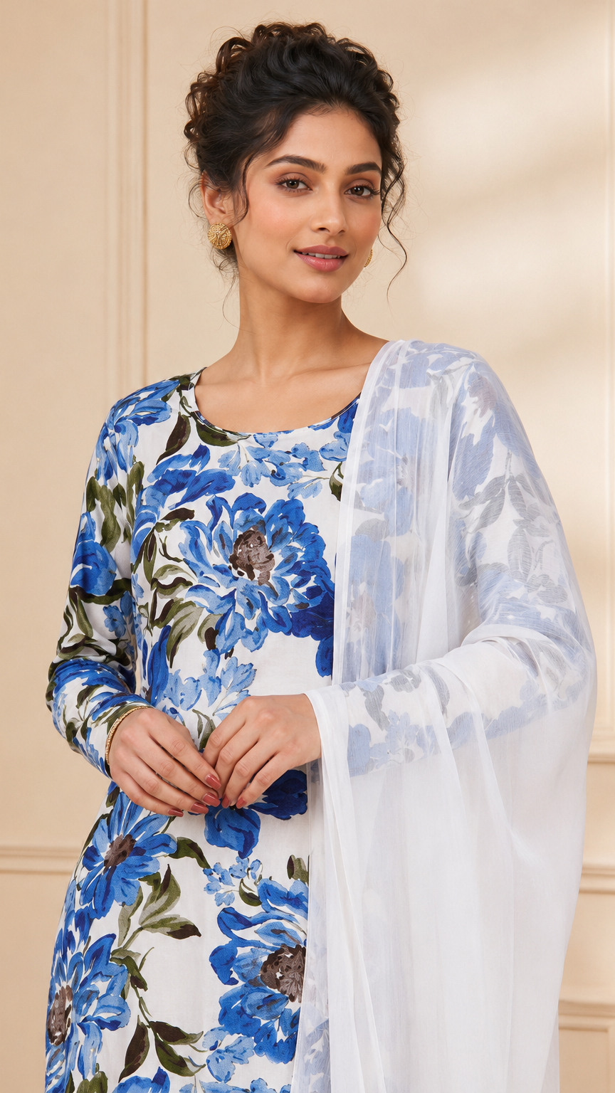 White salwar kameez with blue floral print and matching dupatta – Diya Online