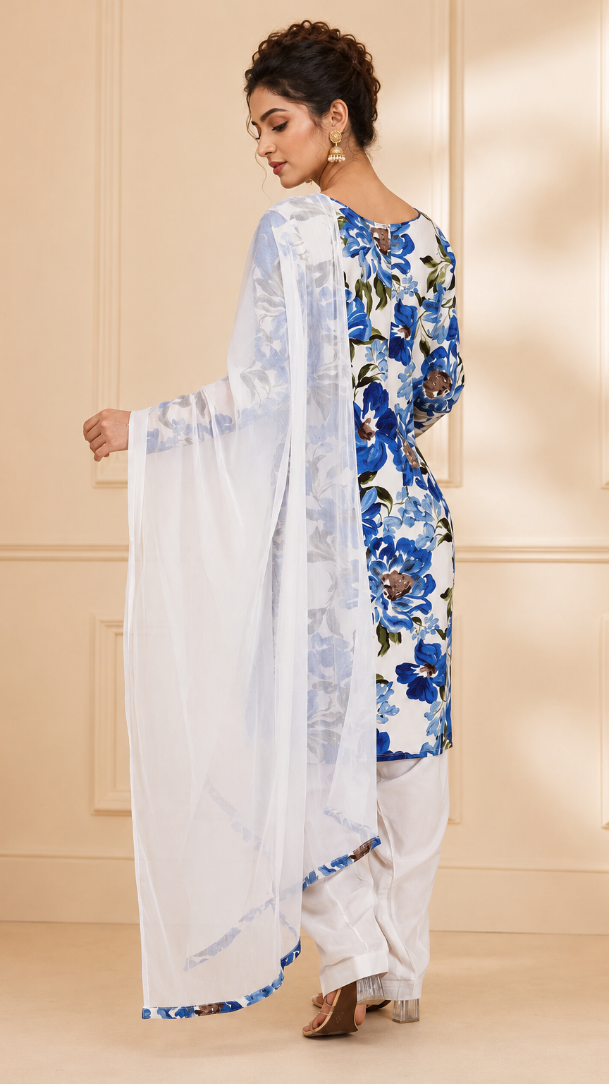 White salwar kameez with blue floral print and matching dupatta – Diya Online