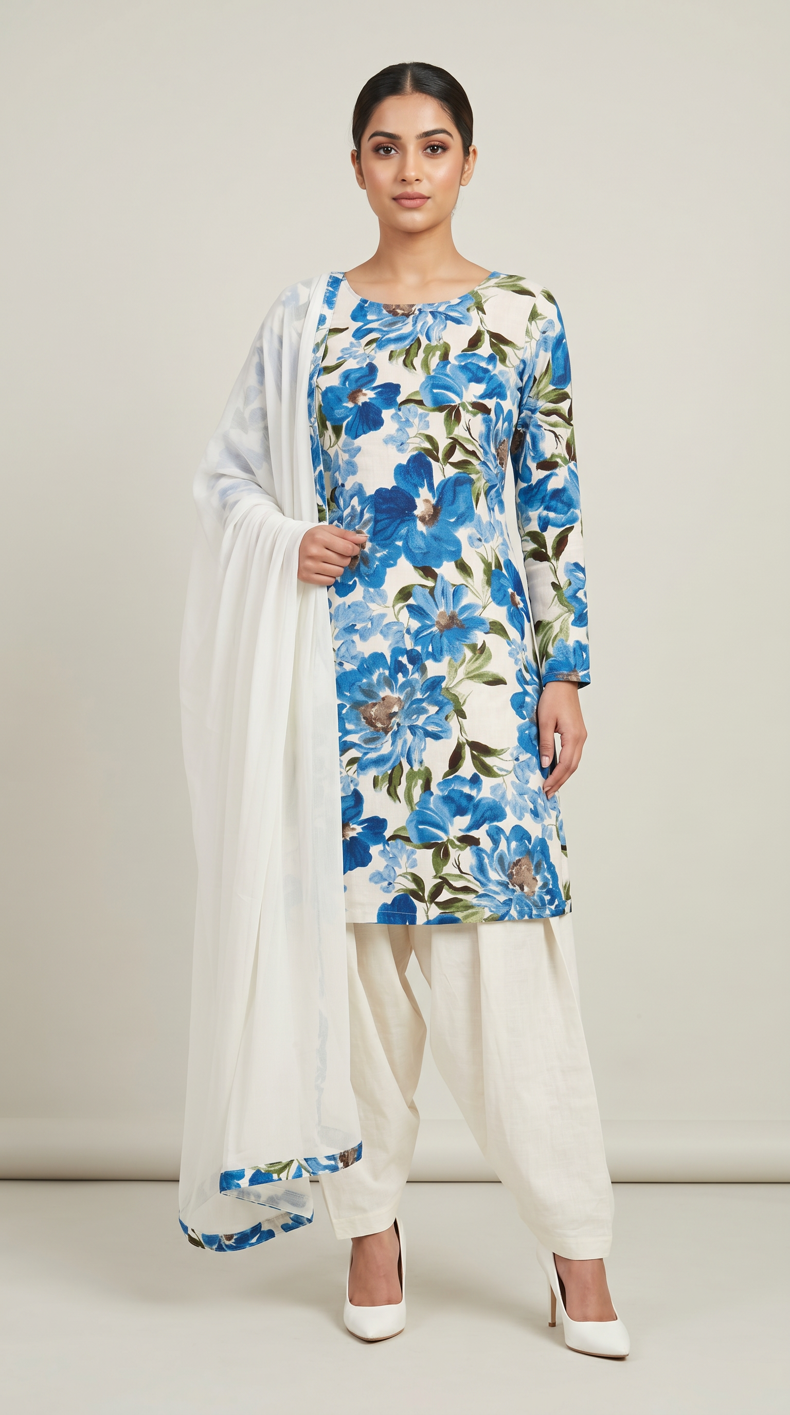 White Rayon Straight Cut Salwar Suit Set with Chiffon Dupatta