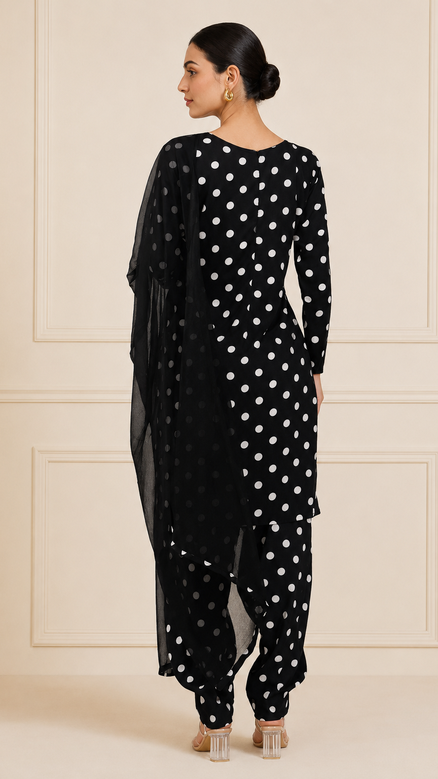 Black polka dot salwar kameez with sheer black dupatta – Diya Online