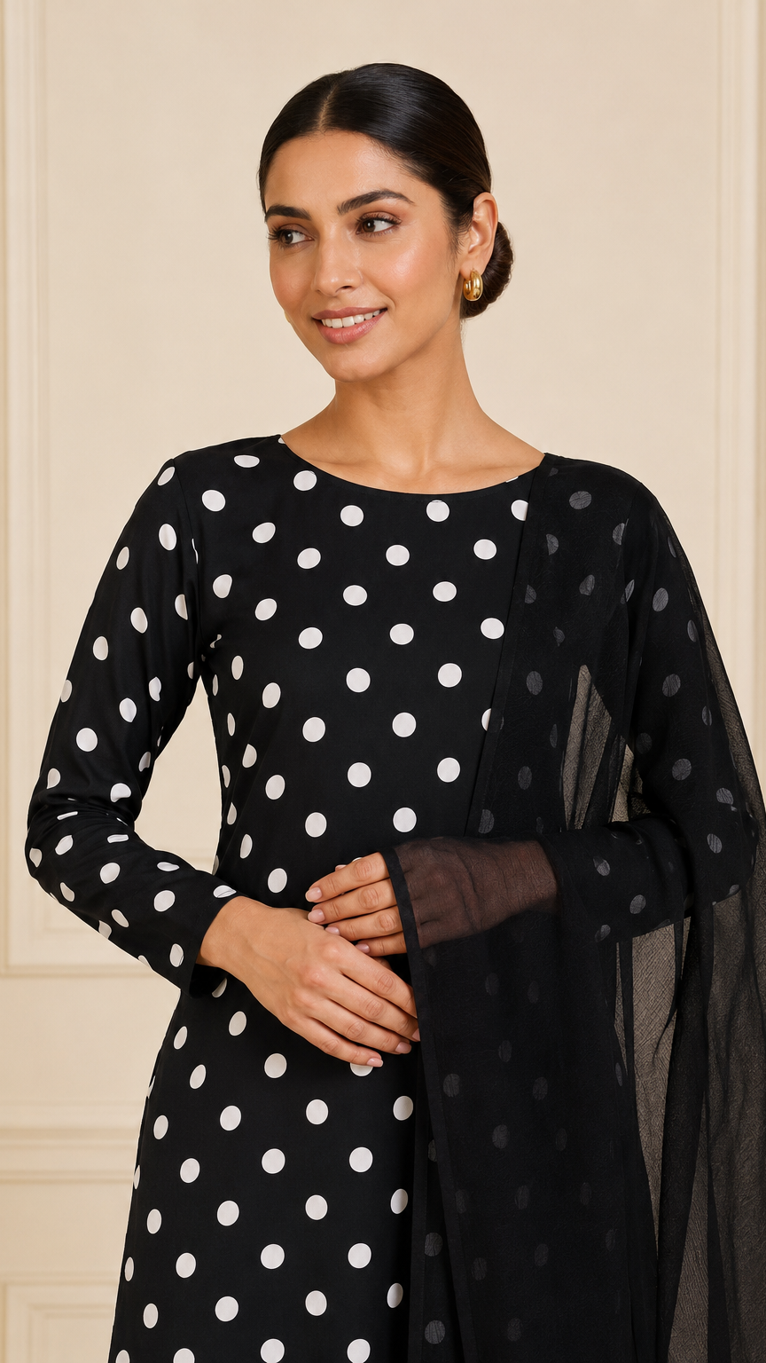 Black polka dot salwar kameez with sheer black dupatta – Diya Online