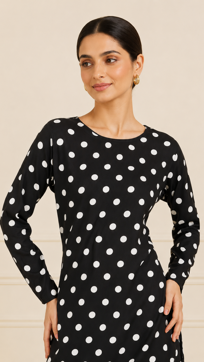 Black and white polka dot salwar kameez with white dupatta – Diya Online