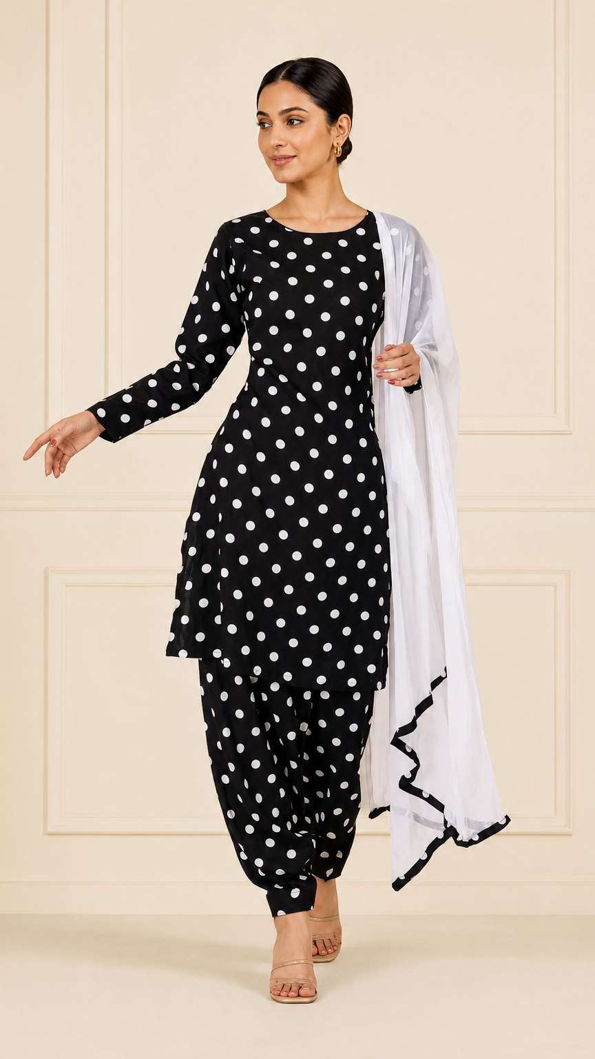 Black and white polka dot salwar kameez with white dupatta – Diya Online