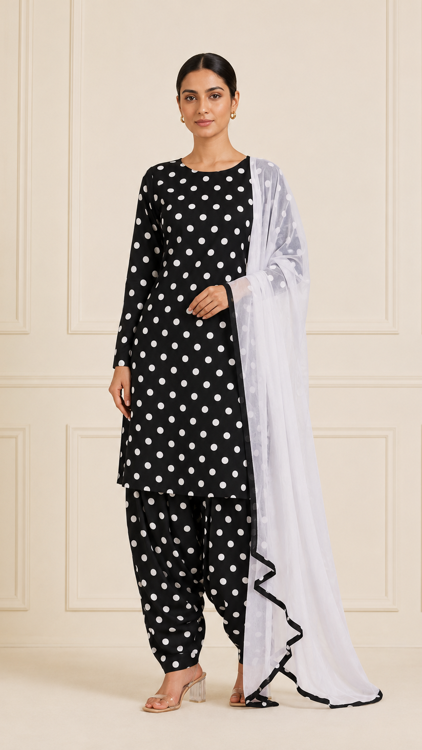 Black and white polka dot salwar kameez with white dupatta – Diya Online