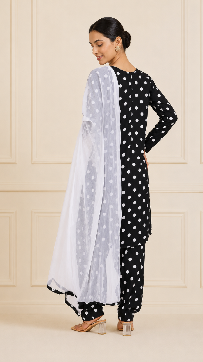 Black and white polka dot salwar kameez with white dupatta – Diya Online