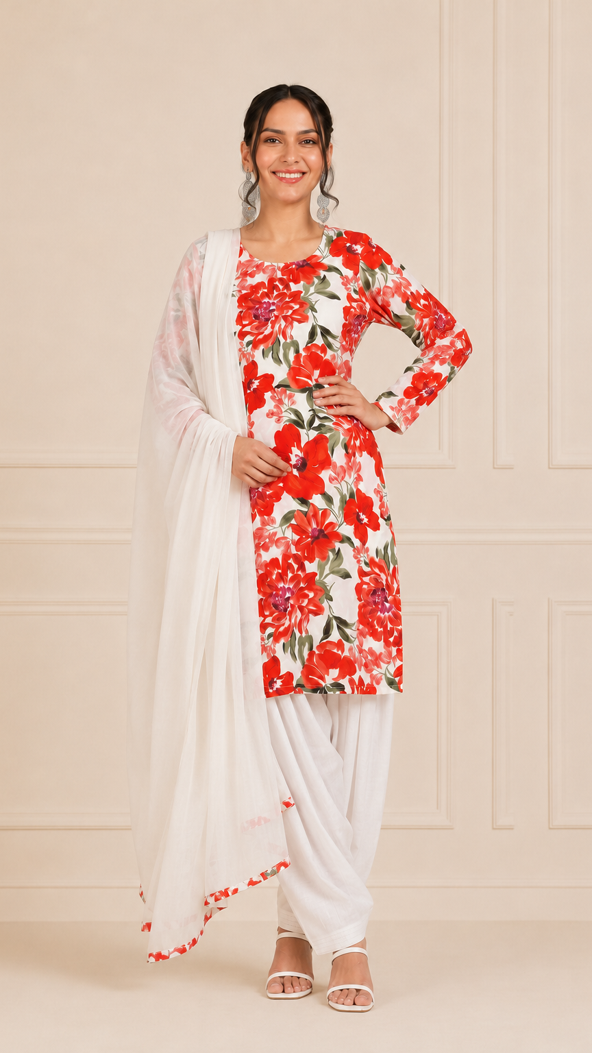 Woman wearing a white kurta set with red floral print, white salwar trousers and matching dupatta – Diya Online ethnic wear.