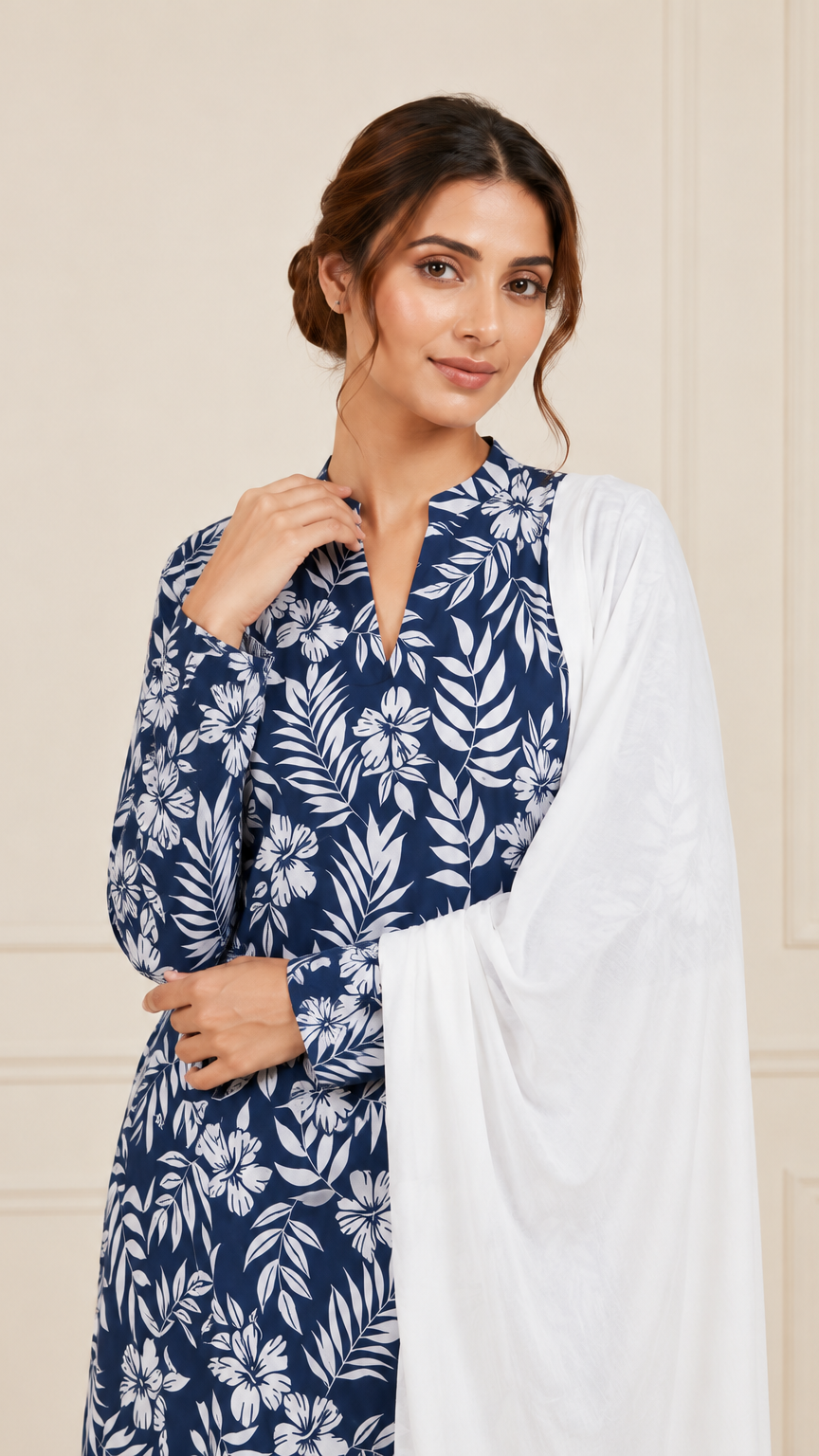 Woman wearing a navy blue and white floral printed kurta set with white trousers and white dupatta – Diya Online ethnic wear.