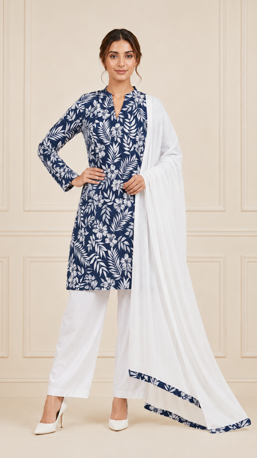 Woman wearing a navy blue and white floral printed kurta set with white trousers and white dupatta – Diya Online ethnic wear.