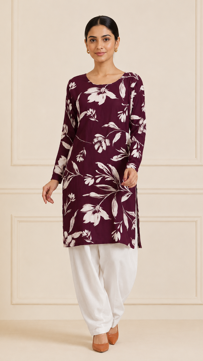 Maroon and white floral salwar kameez with white dupatta – Diya Online